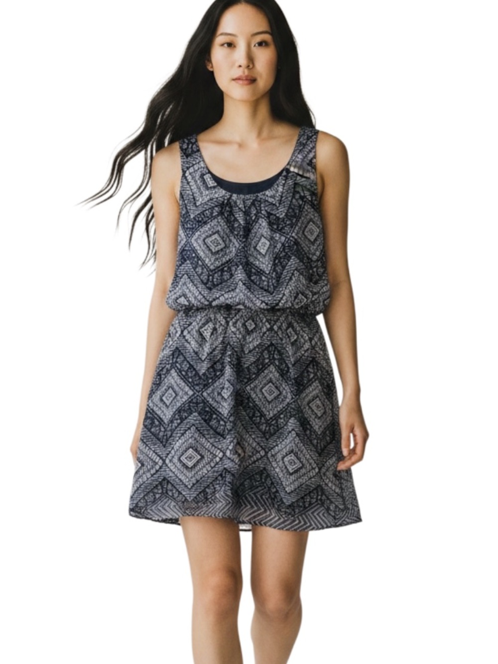 AB Studio Navy and White Geometric Print Mini Dress